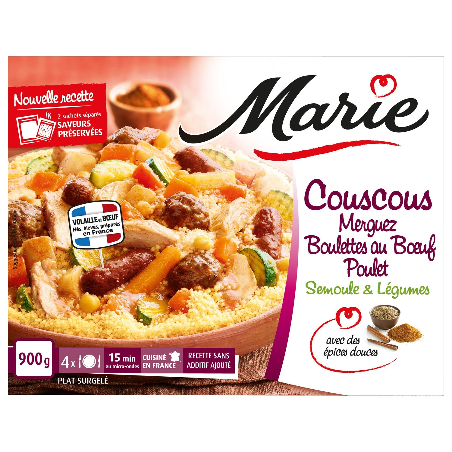 Couscous Merguez, Boulettes au boeuf, Poulet, Semoule & Légumes